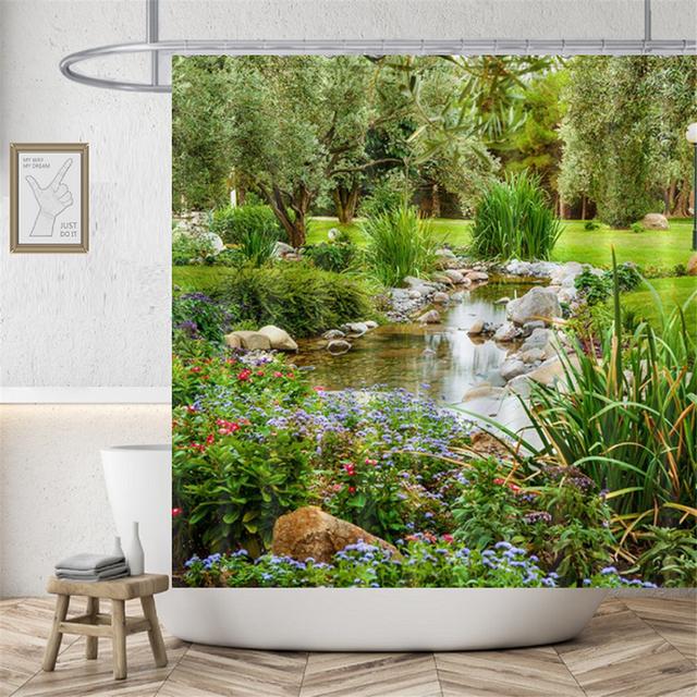Сельский пейзаж, камень лотоса, Будда, занавеска для душа, занавеска для ванной, водонепроницаемая полиэстеровая занавеска для ванной комнаты с крючками