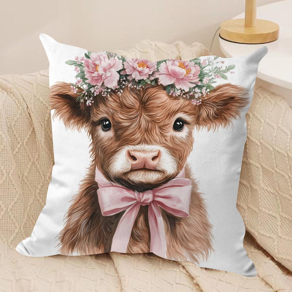 Highland cow and flower Cushion Cover Soft Plush Fabric DoubleSided Printed Cushion Covers for All Seasons Home Decor