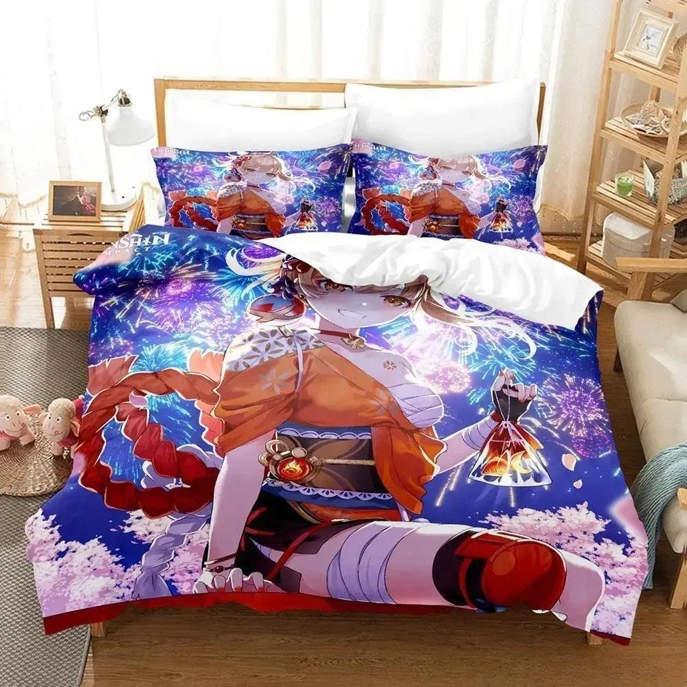 Постельное белье Yoimiya Genshin Impact 3D Кавайное Аниме Пододеяльник Мультяшный Комплект из 3 предметов для Спальни Взрослых Детей Декор