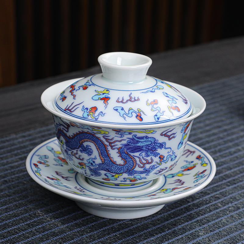mid-glaze color blue and white porcelain large entangled lotus pot bearing cover bowl white porcelain tea set tea cup ceramic Chinese style Sancai tea