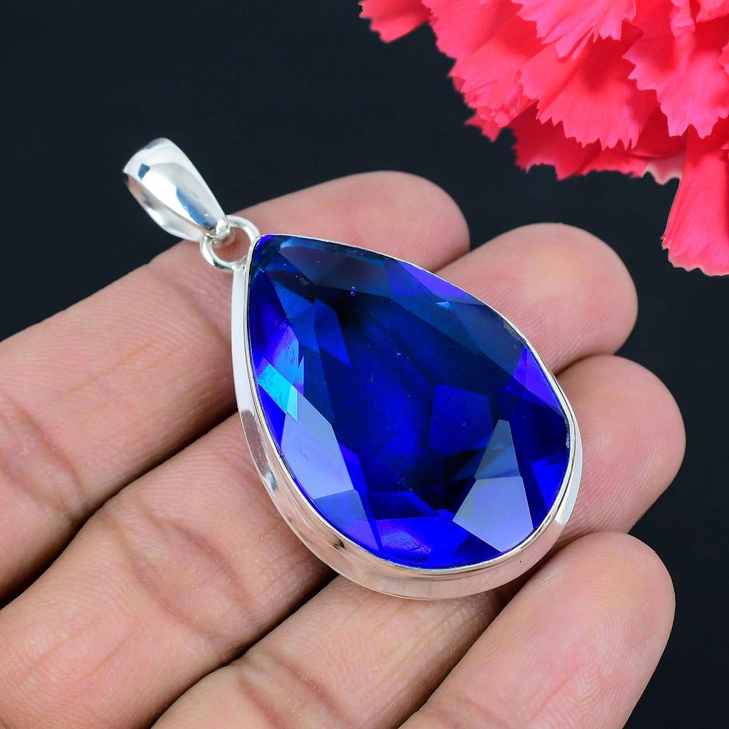 Подвеска из драгоценного камня с синим топазом, твердая подвеска из стерлингового серебра 925 пробы, ювелирный подарок для унисекс