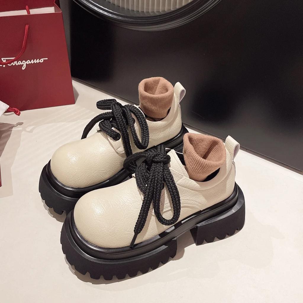 Women's Thick Sole Height Increasing Loafers 2024 Autumn New Fashion Round Toe Lace Up Retro Leather Shoes Japan Casual Shoes