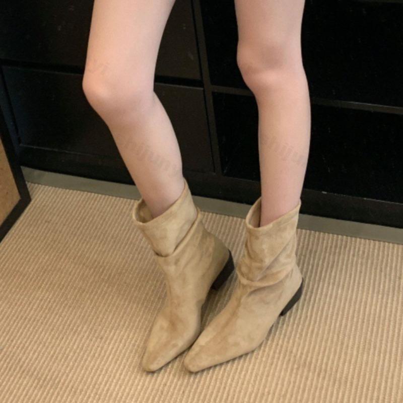 Женские ковбойские ботинки 2026 Осень Удобные Нескользящие Модные уличные короткие ботинки Матовый замш Ретро Нескользящие Botas Mujer