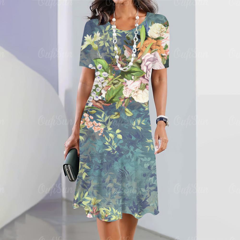 Летние женские платья с 3D-принтом в виде цветов с коротким рукавом, элегантная свободная юбка А-силуэта, модное женское платье большого размера