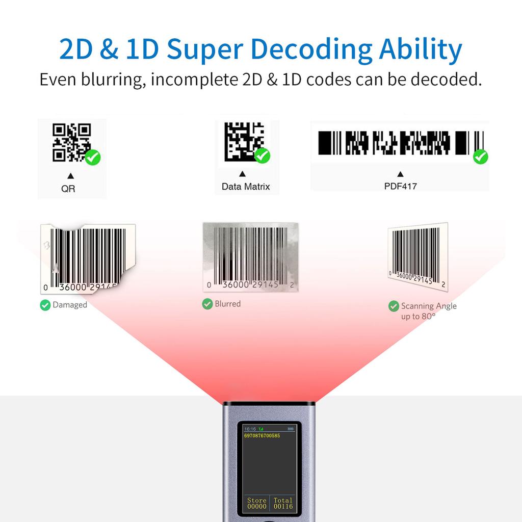 2D 1D QR-сканер штрих-кода с TFT-экраном 3 в 1 BT и 2,4 ГГц, беспроводное и проводное соединение, звук и
