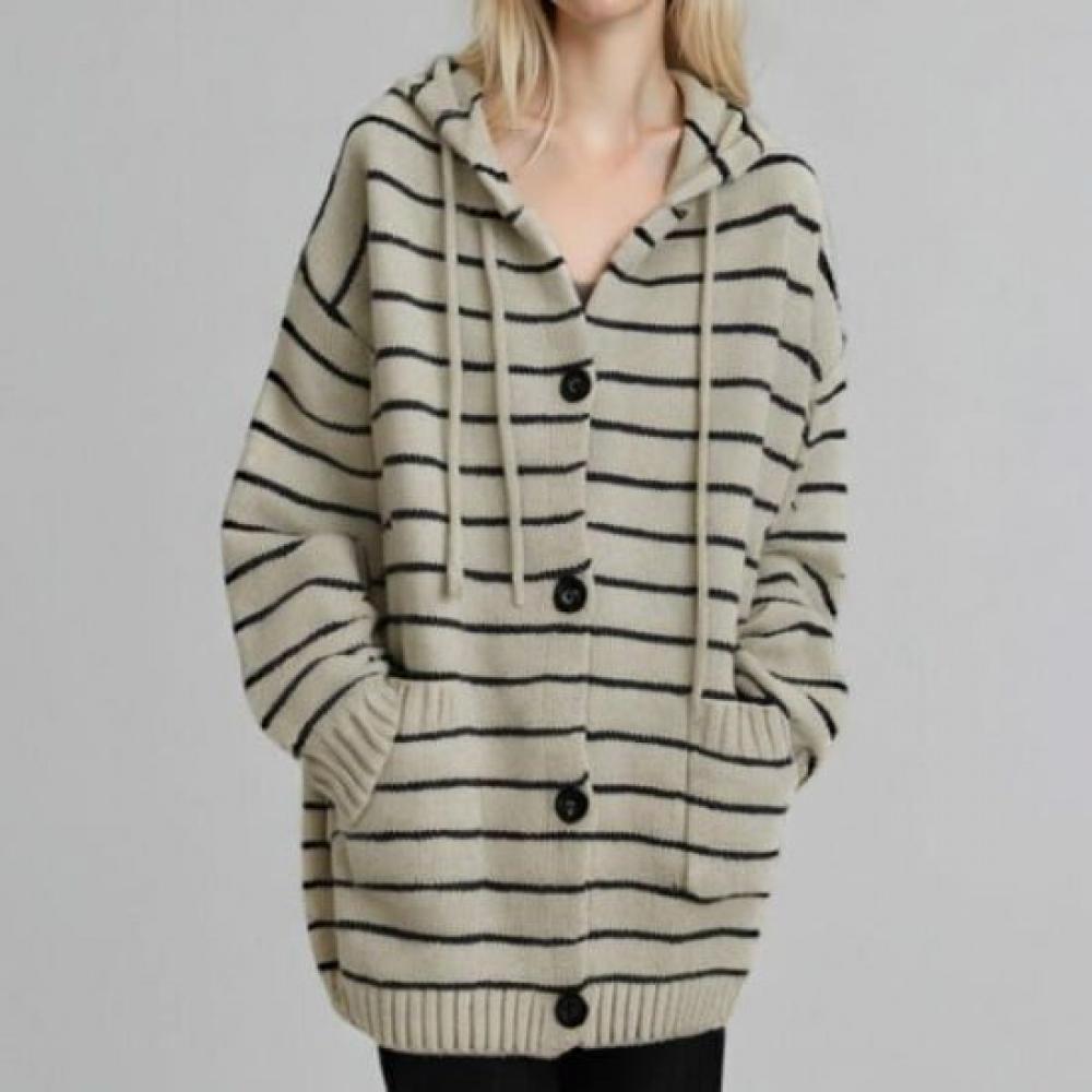 Navava Women Daily Casual Stripe Long Sleeve Hooded Knit Cardigan Nk3331