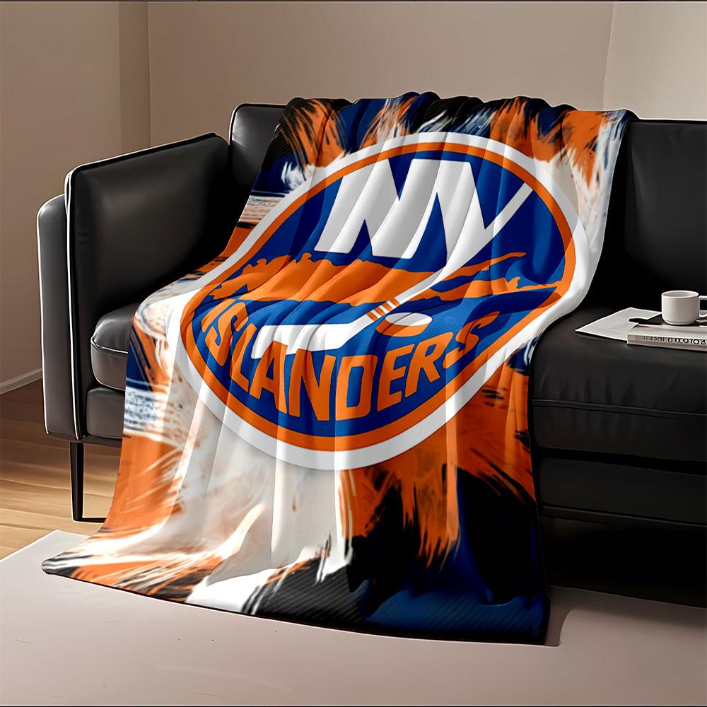 Circular logo with "NY Islanders" text, hockey stick, puck, and island. for all seasons blanket lunch break throw gift