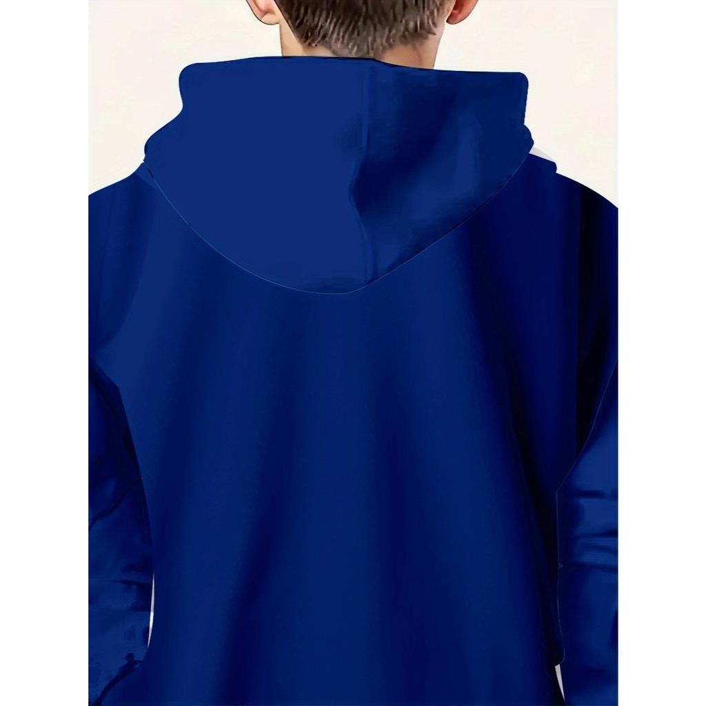 Boys' Football Heart Rate Pattern Hoodie - Royal Blue Hoodie, Sporty Spring and Autumn Casual Outfit