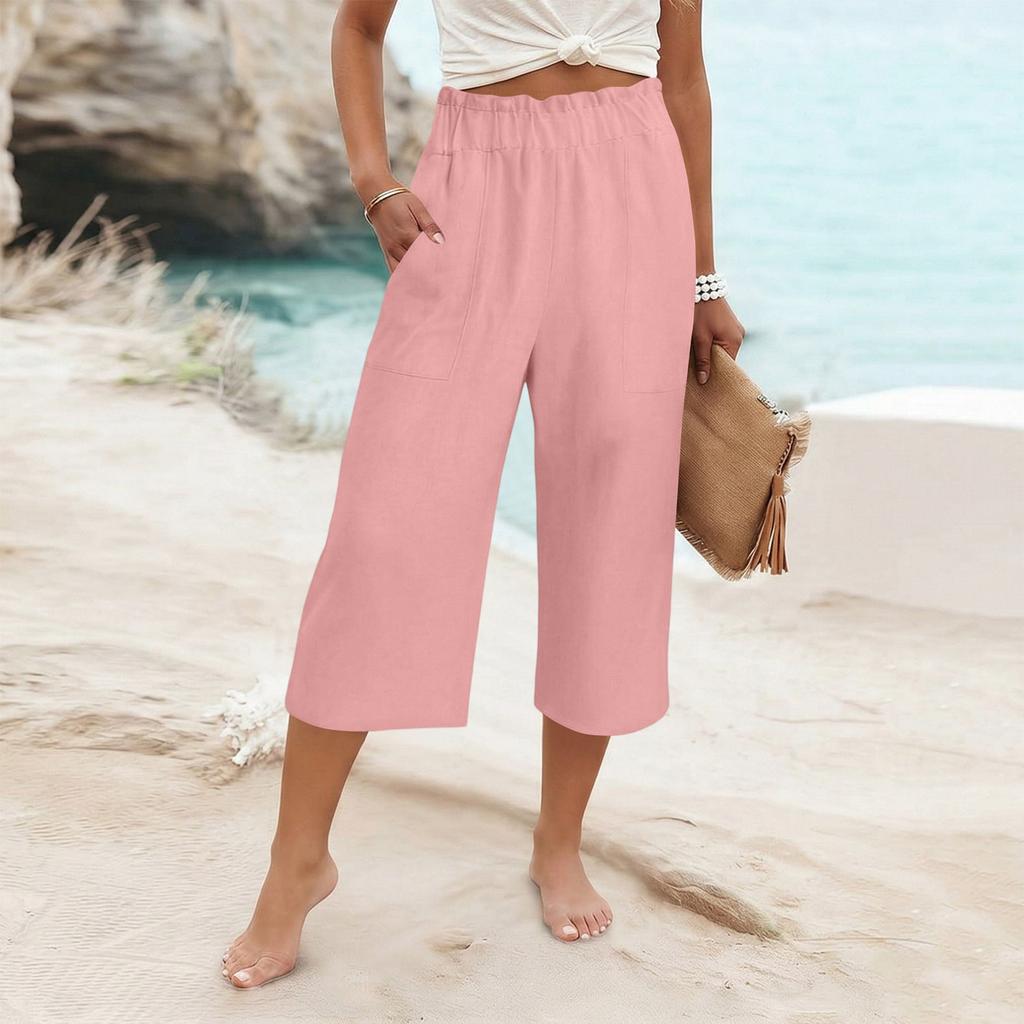 Womens Baggy Cotton Linen Pants Elastic Waist Casual Loose Summer Beach Vacation Pants