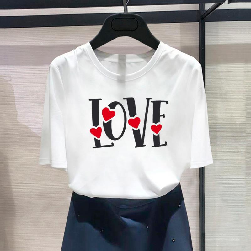 Asian Size) Fashion Love Letter Trend Sweet 90s Print Graphic Tee Female Casual T Clothing Casual Women's Top Short Sleeve T-shirt