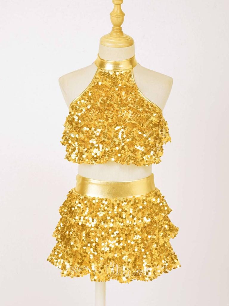 Girls Sparkling Dance Set Sleeveless Round Collar Backless Shiny Sequins Tiered Crop Top Elastic Waist Skirt