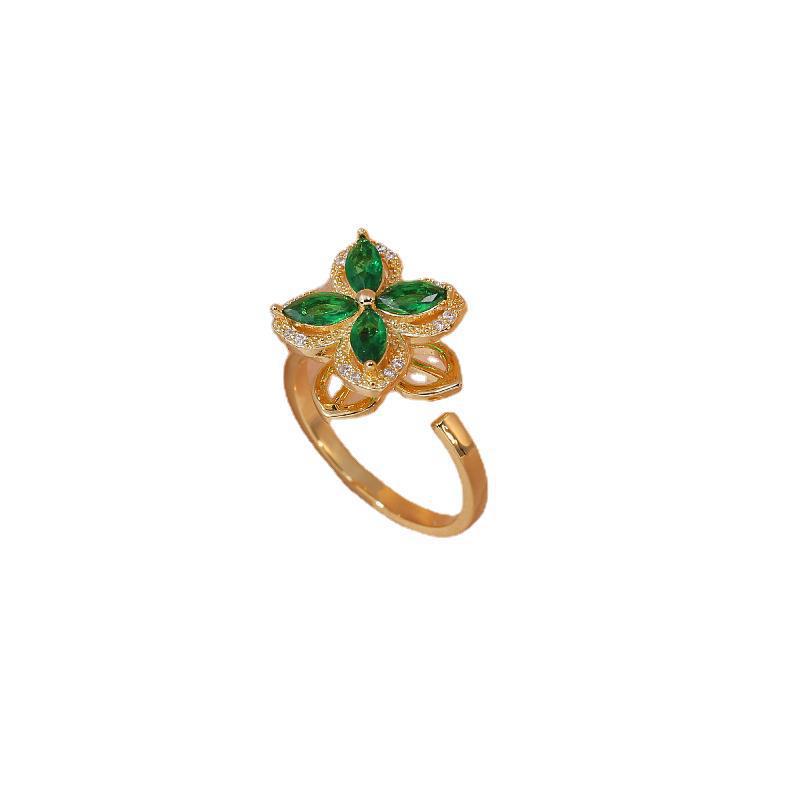 Rings Women Four Leaf Flower Zirconia Open Swivel Ring Niche Design Haute Sense Ring Adjustable Four Leaf Clover Ring