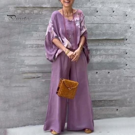 2 Pcs/Set Blouse Pants Suit V Neck Bat Sleeves Baggy Loose Flower Printing Top Wide Leg Elastic Waist Pants Casual Daily Outfit Commuting Travel