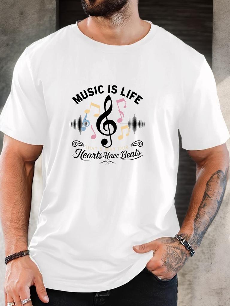 Unisex O Neck Tee Music Is Life Note Slogan Graphic Print Cotton Short Sleeve Loose Summer Breathable Daily Casual Basic Wear Top
