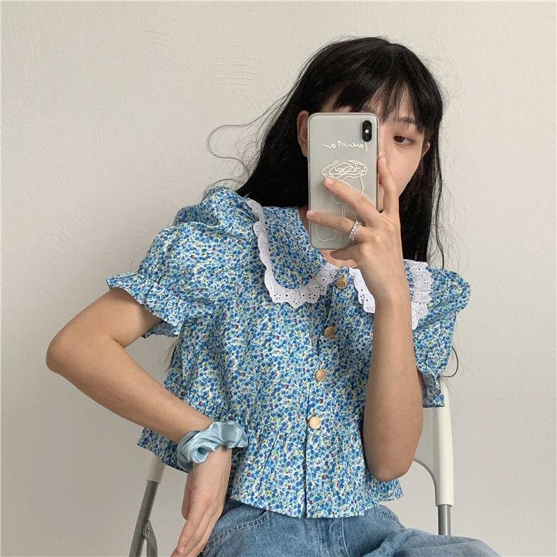 Летний шикарный винтажный топ с воротником «Питер Пэн», женская рубашка в консервативном стиле, кружевные лоскутные повседневные универсальные популярные милые топы