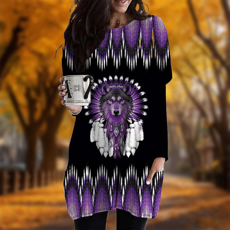 New In Autumn Chief Husky Print Plus Size Dress Women O'neck Long Sleeves Casual Pocket Dresses