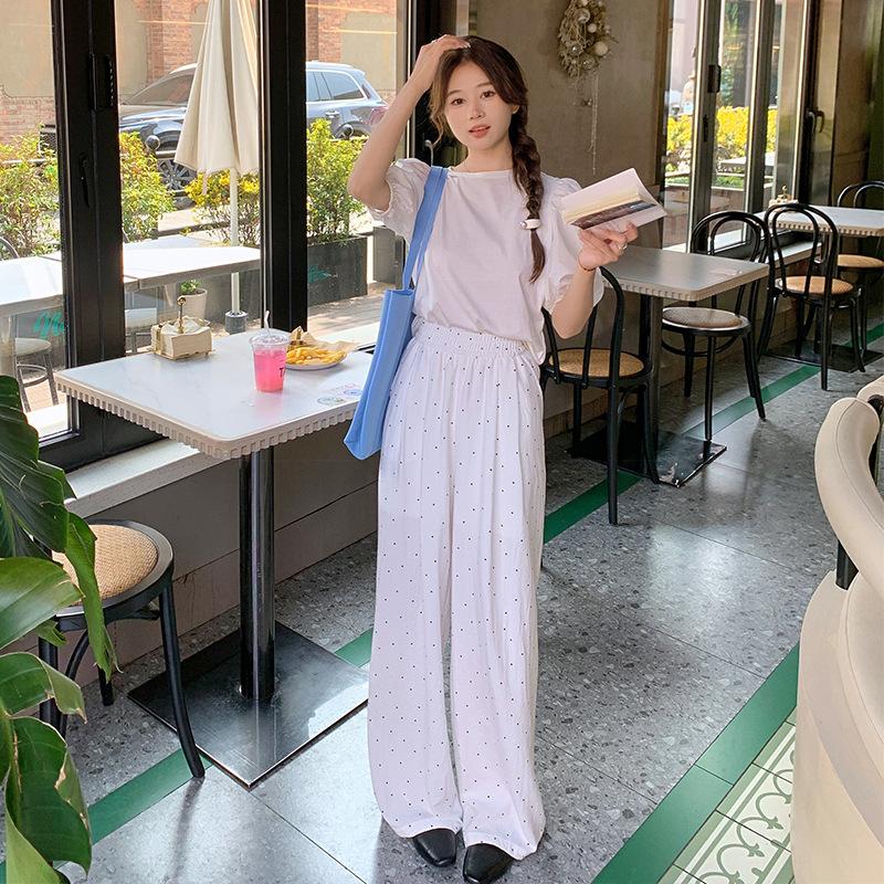 Женские летние тонкие брюки с широкими штанинами в горошек с высокой талией, прямые повседневные брюки, свободные и стройнящие, для фигуры типа «груша», прохладные брюки из ледяного шелка