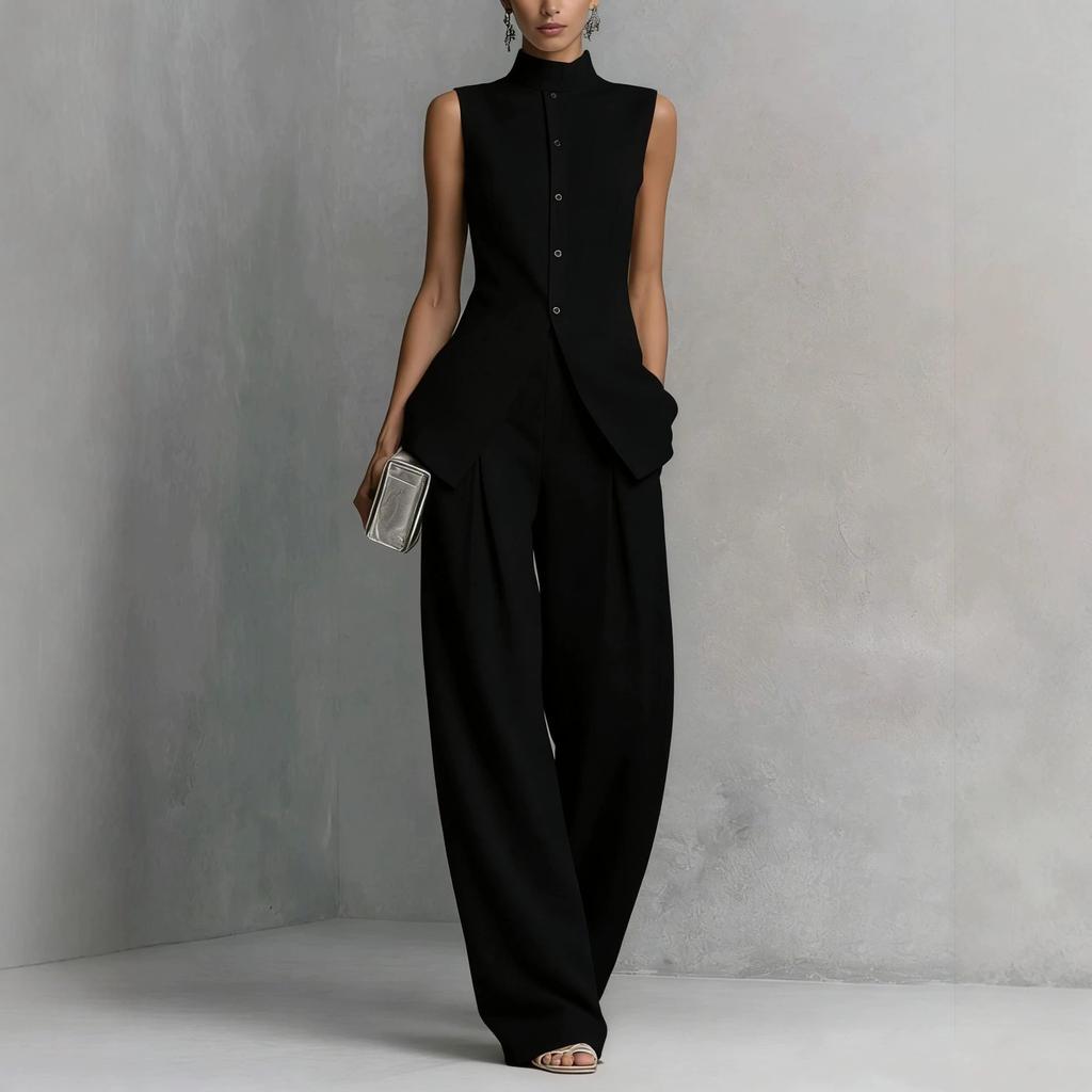 2026 New Cotton Linen Shirt Set Solid Color Sleeveless Top Long Pants Two Piece Elegant Women Outfit