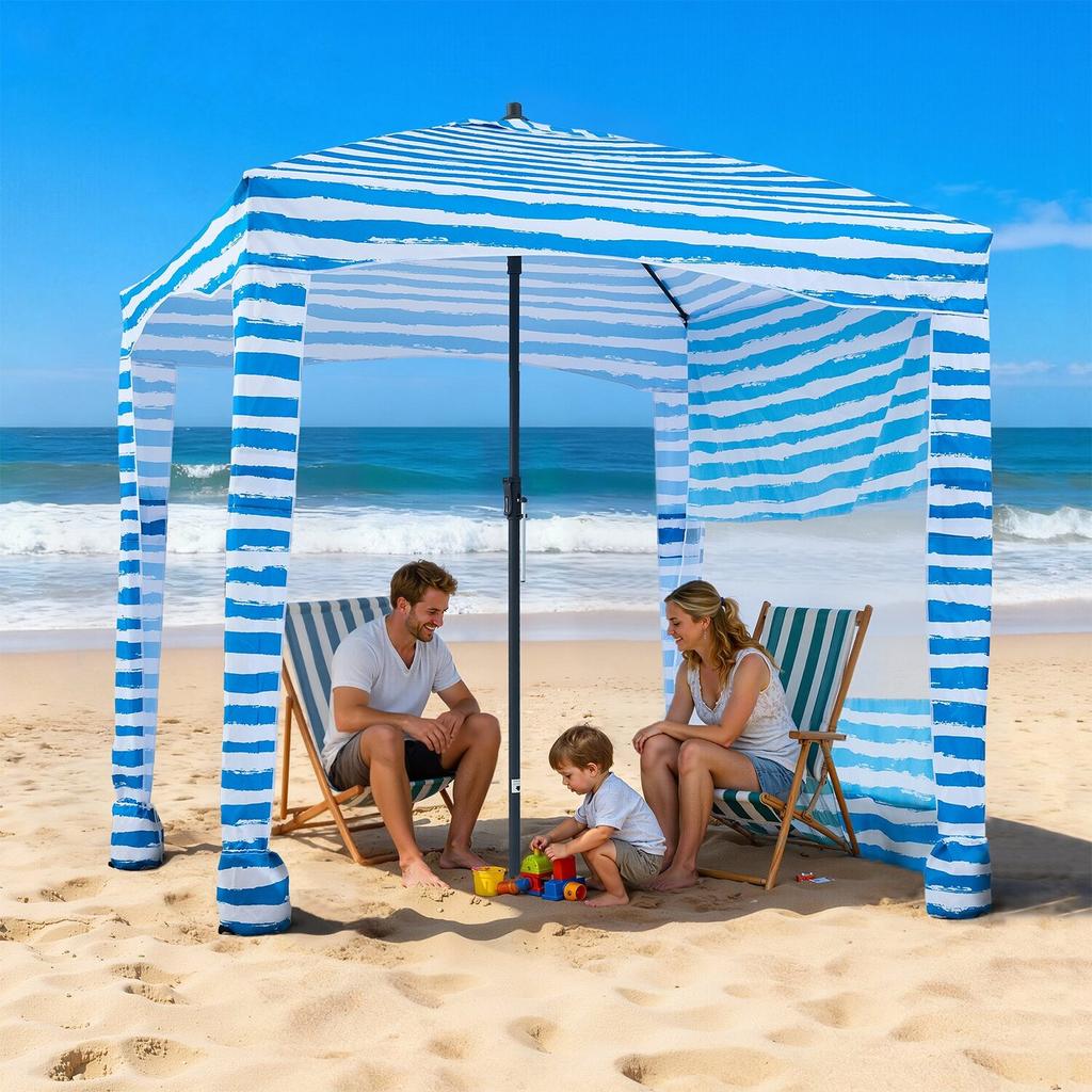 Beach Cabana, 1.83 x 1.83 m Beach Canopy with Side Wall, UPF 50+ Protection Easy Setup Cabana Tent with Sand Pockets, Portable Shade Sun Shelter