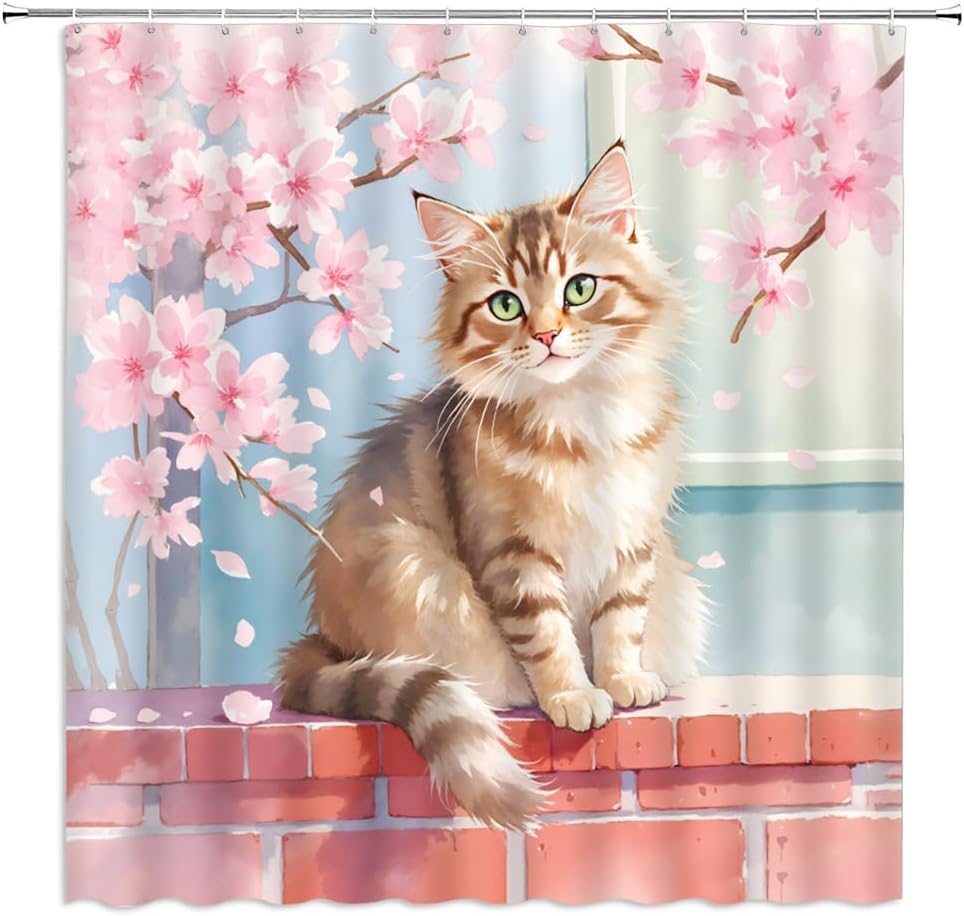 Flowers and Cat Shower Curtain Watercolor Pink Floral Cute Pet Animal Kitty Kitten Aesthetic Bathroom Decor Curtains Set with