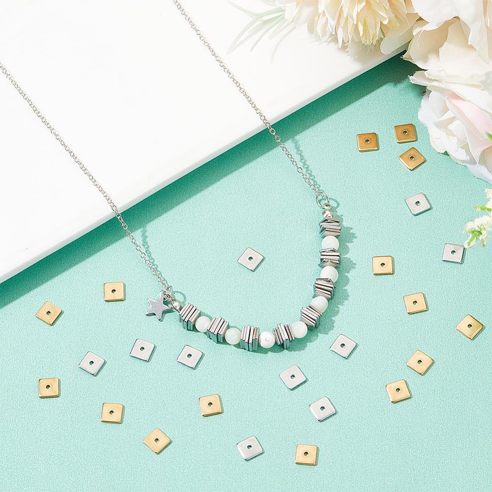 60Pcs 2 Colors 304 Stainless Steel Spacer Beads, Square, Mixed Color, 6x6x0.8~0.9mm, Hole: 1.2mm, 30pcs/color