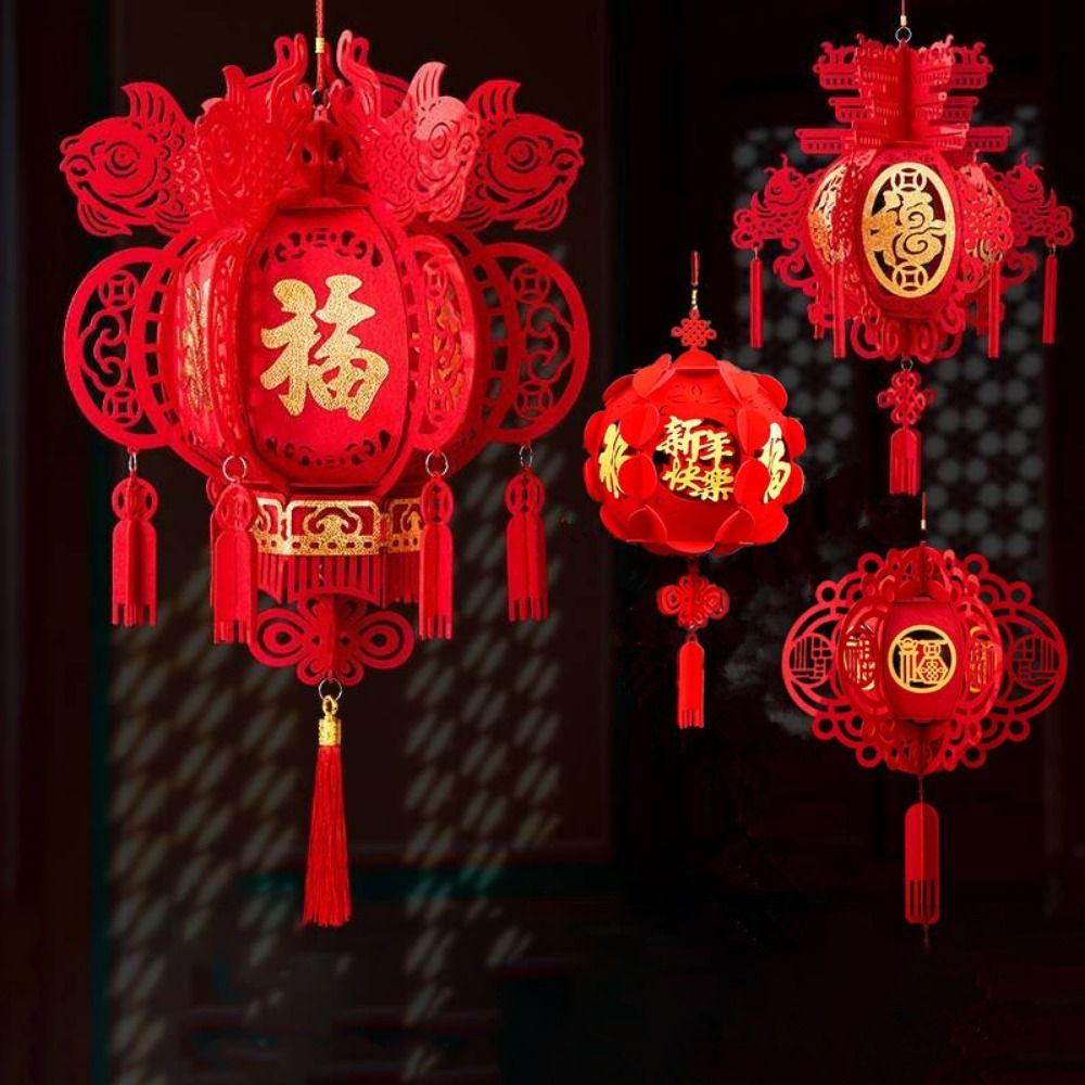With Tassel Flocking Cloth Red Lanterns Hangable Chinese New Year Lantern Spring Festival
