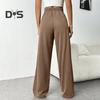 Women Pants Elastic High Waist Adjustable Drawstring Straight Wide Leg Trousers with Pockets Solid Color Casual Pants