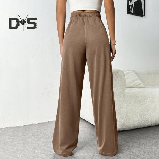Women Pants Elastic High Waist Adjustable Drawstring Straight Wide Leg Trousers with Pockets Solid Color Casual Pants