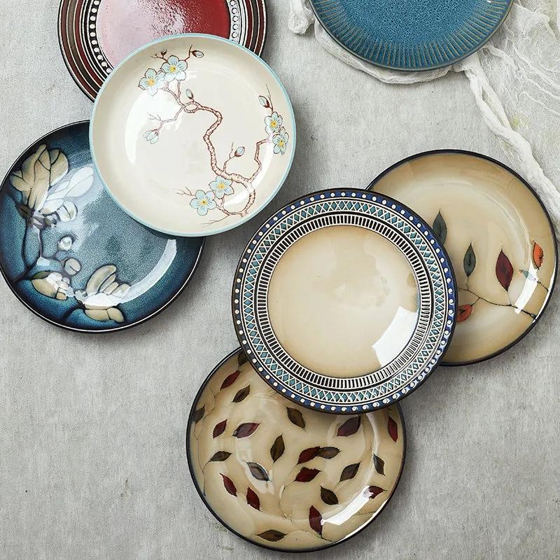 Простая керамическая тарелка в скандинавском стиле с резьбой и косточками, домашнее блюдо, тарелка для стейка, темно-зеленая тарелка для салата, диск