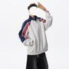 Unisex Oversized Zip-Up Hoodless Sweatshirt With Contrast Stripe Stand Collar Side Pockets Fall Casual Wear