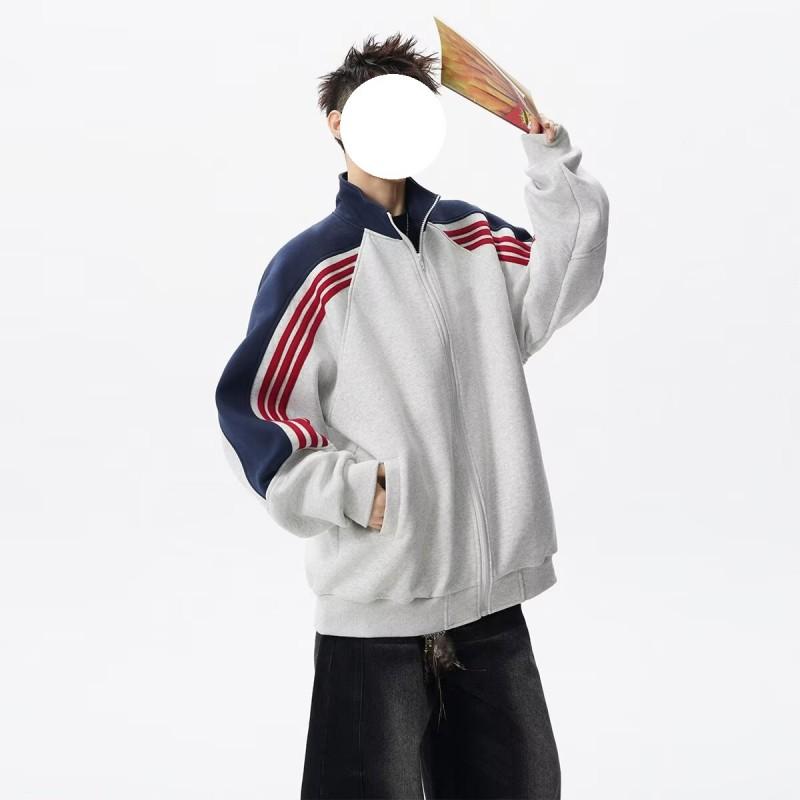 Unisex Oversized Zip-Up Hoodless Sweatshirt With Contrast Stripe Stand Collar Side Pockets Fall Casual Wear