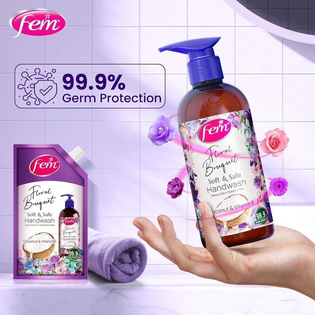 Dabur Fem Floral Bouquet Handwash 1500ml Pack | Soft & Safe Liquid Soap With Coconut Milk & Vitamin E | Moisturizing Germ Protection