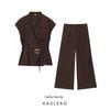 Kaslead New Women Clothes Western Style Fashion Gold Buckle Decoration Top Casual Trousers Set