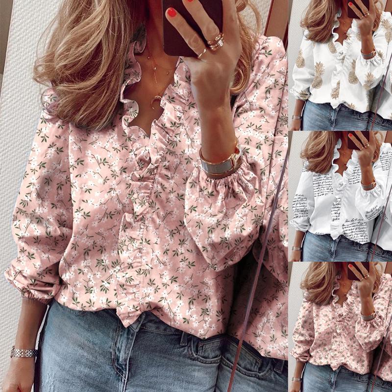 Women Fashion Letter Printed Shirt Long-sleeved Printed Floral Tops Ruffle Shirt