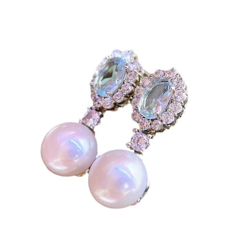 French natural freshwater pearl earrings S911 silver needle fashion commuting simple micro inlaid with diamonds zircon earrings new