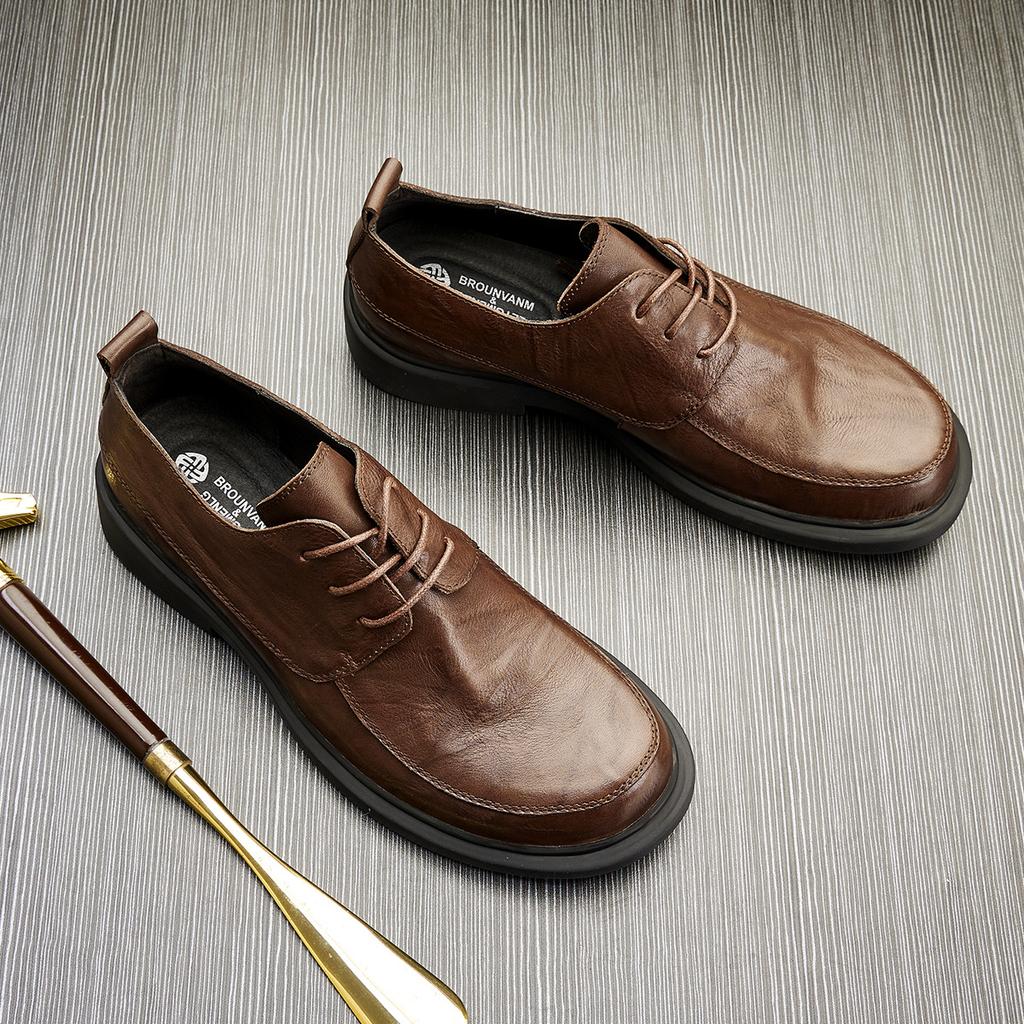 Кожаные туфли Мужская модная кожаная повседневная обувь Круглая деловая обувь Универсальная обувь в британском стиле Туфли с низким верхом Трендовая обувь