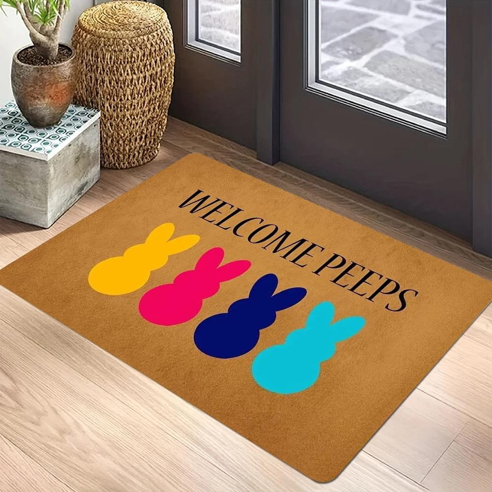 VIKAMA Welcome Carrot Pattern Carpet Mat Rug - Colorful Rabbit Silhouettes Paw Prints Easter Home Decoration Welcome Mat