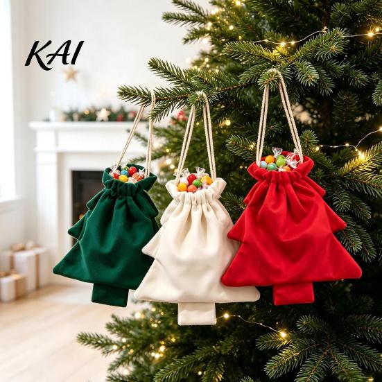 Party Favor Gift Packaging Christmas Tree Drawstring Presents Bag, Reusable Plush Wrapping Pouch, Decorative Pendant Bags Shaped Holiday Favors