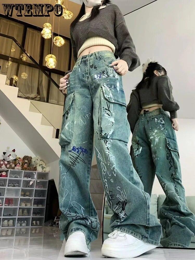 Painted Graffiti Letters Printed Washed Trendy New Wide-leg Jeans with Personality and Versatile Loose Casual Straight Pants