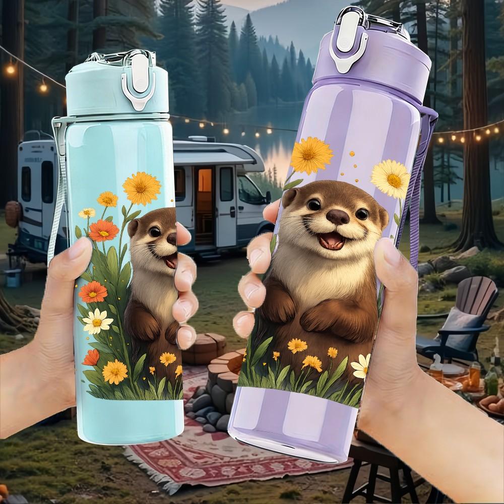 1PC Sunflower Otter Cartoon 750ml Color Plastic Sports Water Bottle Leakproof Flip Straw Lid Suitable for Sports Office Home Use