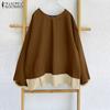 Women Autumn Round Neck Colorblock Long Sleeve Blouses