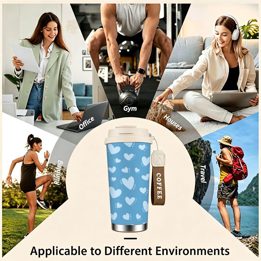 Cute Blue Heart Pattern Insulated Coffee Tumbler Stainless Steel Vacuum Travel Mug Reusable Hot Cold Drink Cup for Office Gift