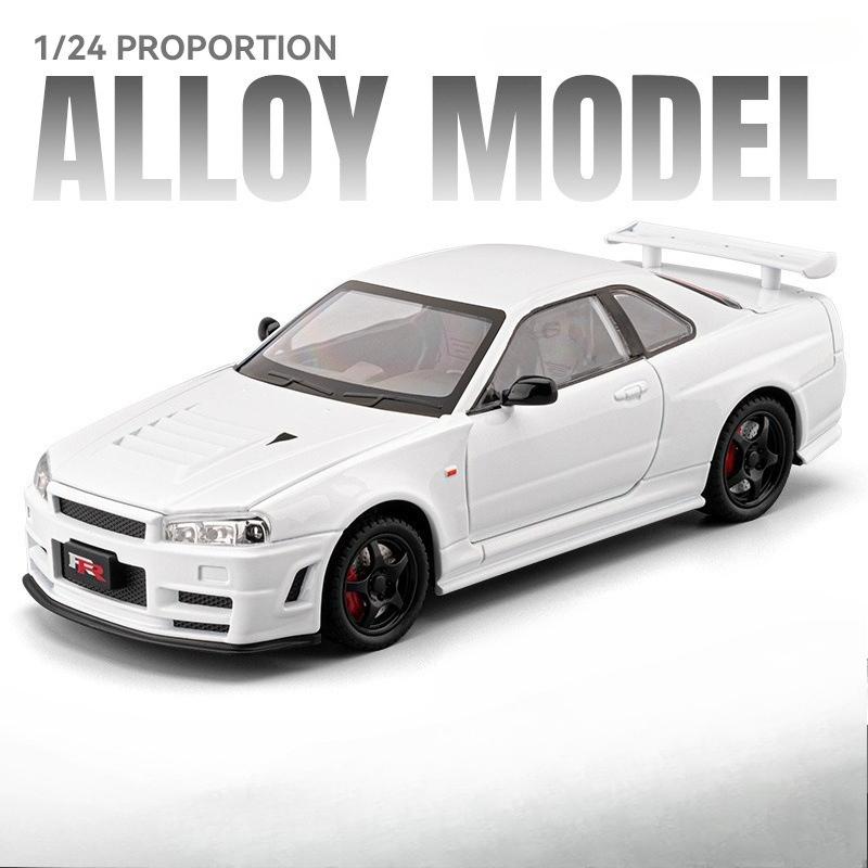 1/24 Skyline GTR R34 Статическая литая модель автомобиля Звук Свет Оттяжка Детализированные резиновые шины Настольное хобби Коллекционная модель Подарок для мальчиков