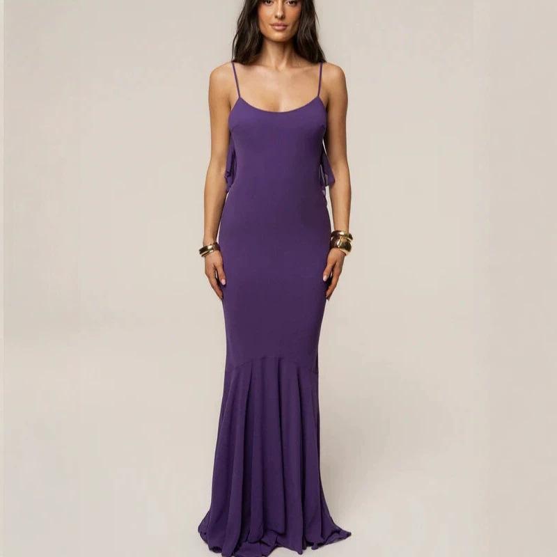 European and American new temperament slim fit solid color elegant dress dress backless ruffle edge splicing dress