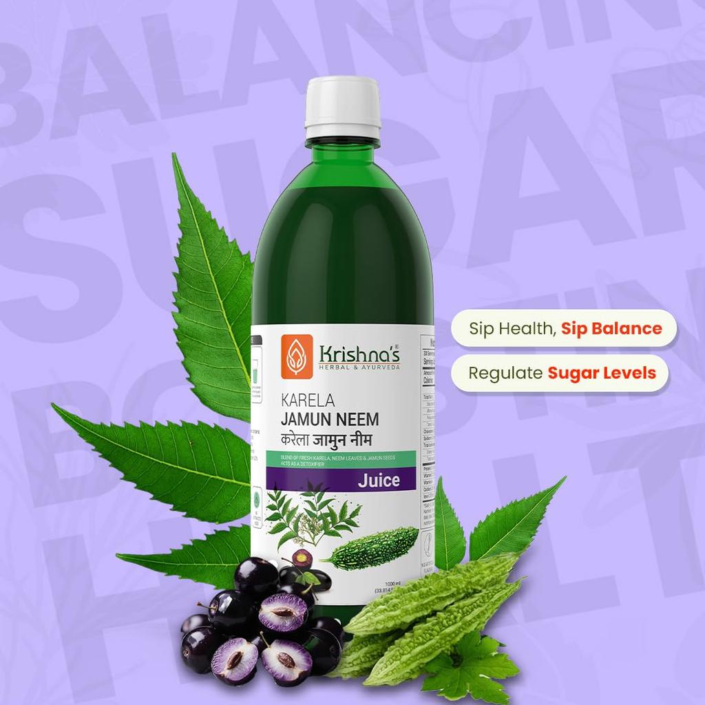 KRISHNA'S HERBAL & AYURVEDA Сок Krishna'S Karela Jamun Neem - 1000 мл Смесь свежей карелы, сока нима и семян джамун Аюрведическое решение для Бала