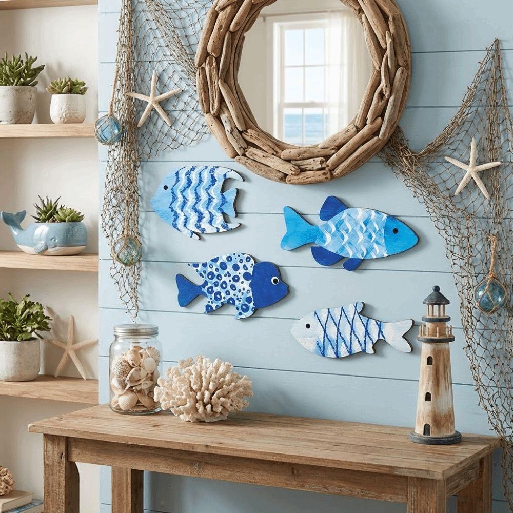 Ocean Theme Wooden Fish Wall Decor Marine Style Nautical Wall Art Living Room Decor