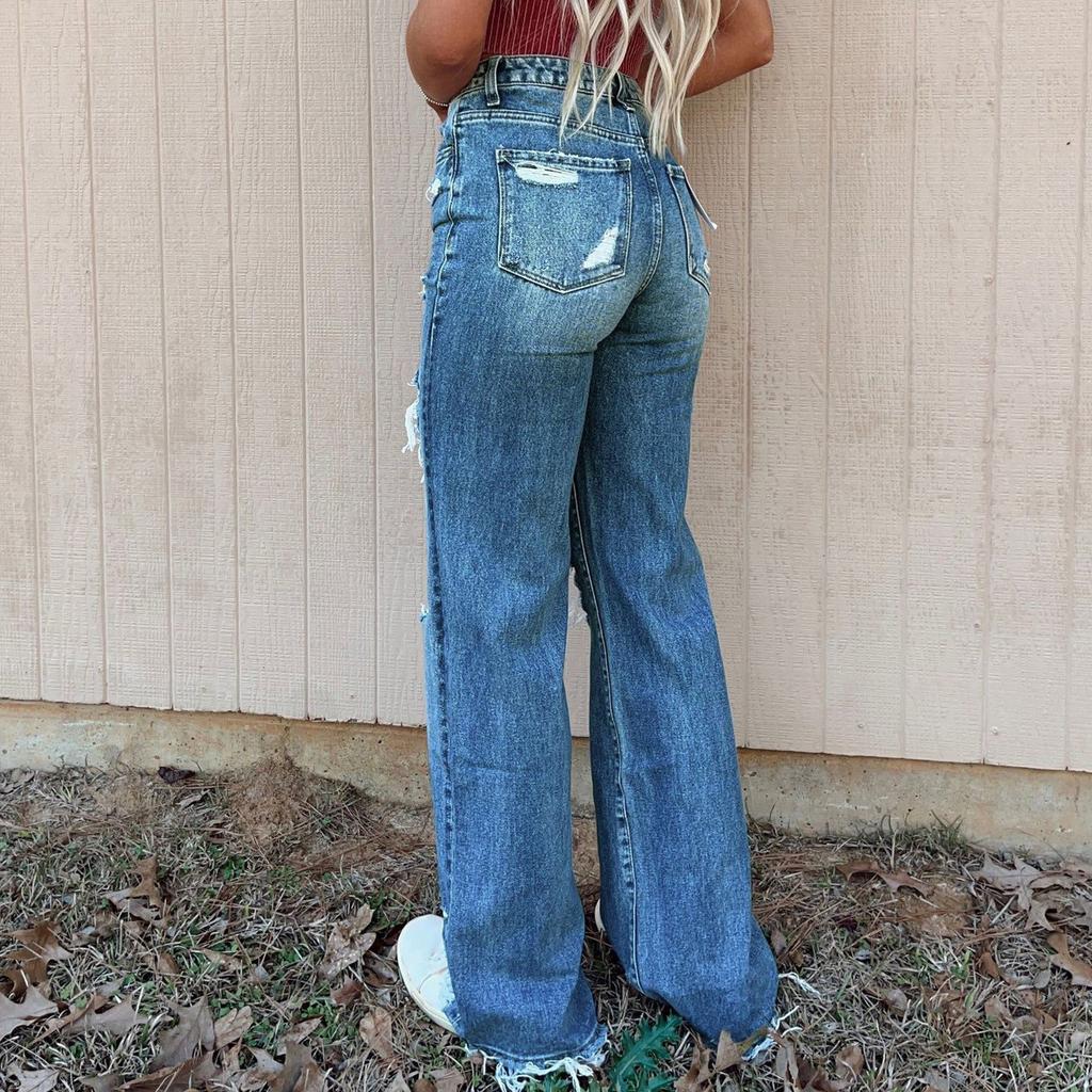 Модные женские прямые рваные повседневные джинсы Модные широкие джинсы