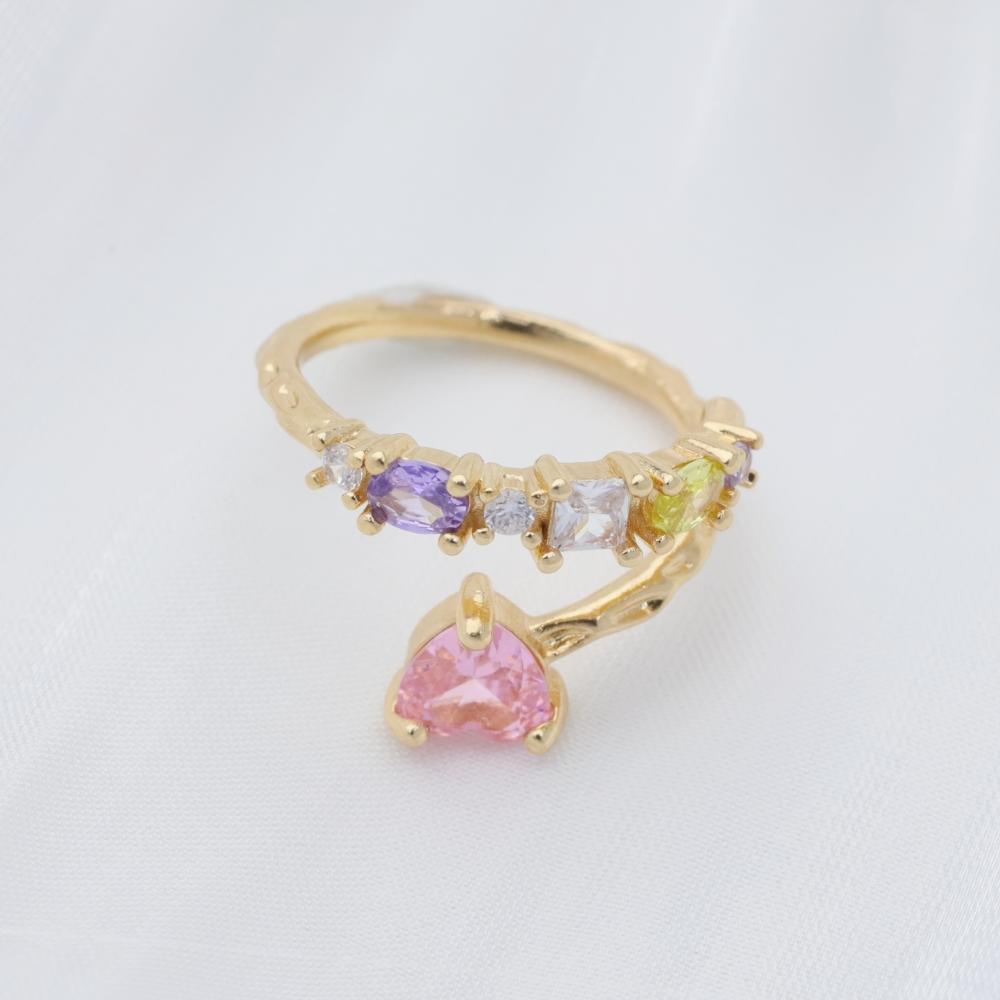 Trendy Double Heart Zirconia Open Rings, Golden Tone Adjustable Finger Ring for Party & Daily Wear