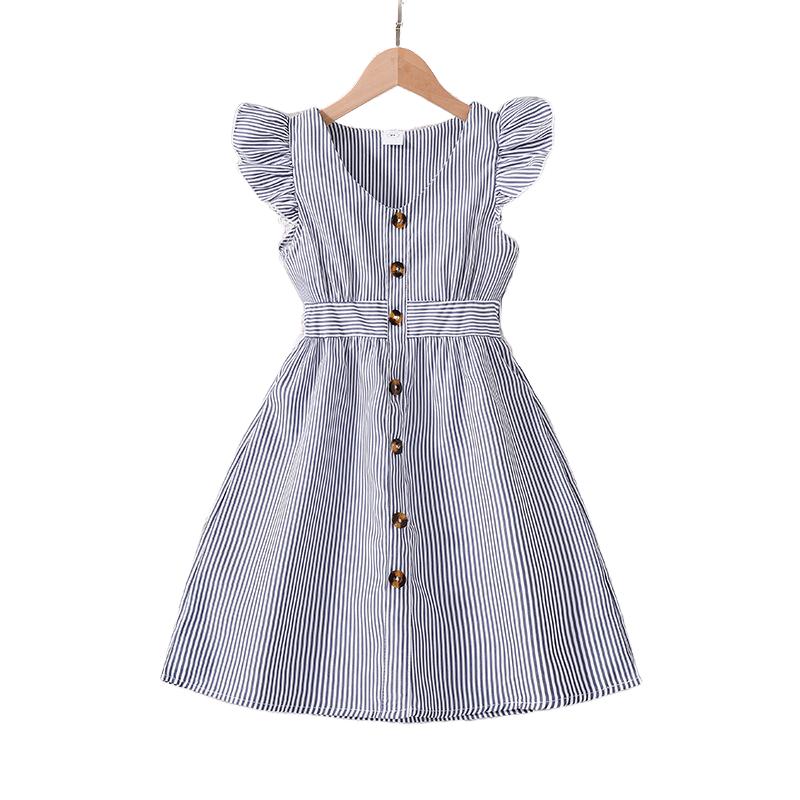 Летнее платье в полоску с v-образным вырезом для девочек, детская одежда, школьная форма с короткими рукавами, детские повседневные модные платья