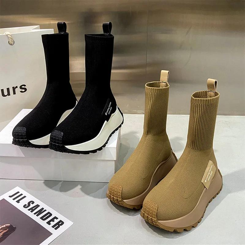 Ботильоны на платформе с носками, женские осенне-зимние повседневные высокие эластичные удобные ботинки из трикотажной ткани, женские ботинки на толстой подошве